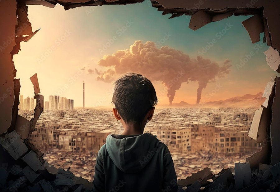 Stock preview of a child looking over a devastated city