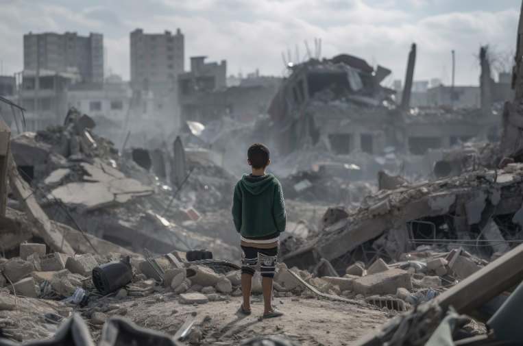 Illustrative image of a child standing among damaged buildings