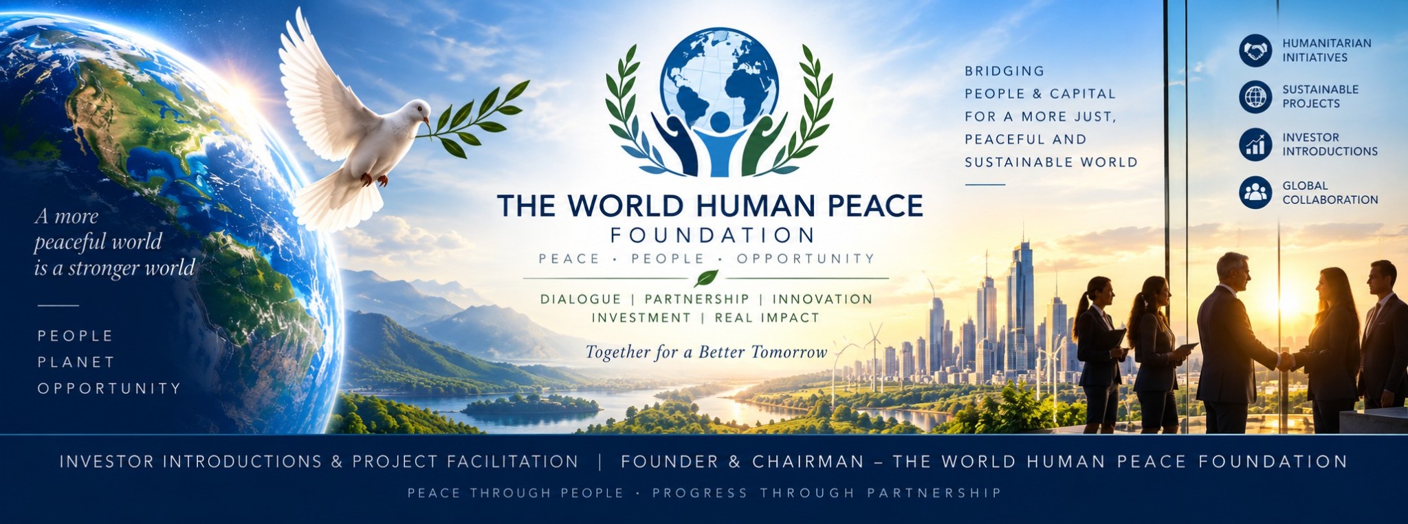 Foundation peace campaign banner with globe, dove and people together