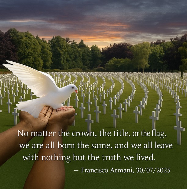 Dove held in hands before rows of white crosses, with a quote by Francisco Armani