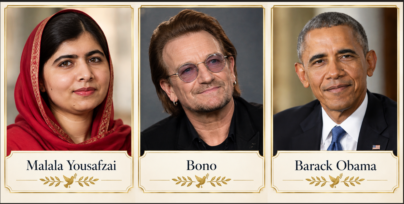Gold-framed portraits of Malala Yousafzai, Bono and Barack Obama