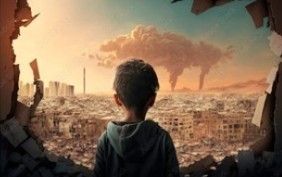 A boy looks through a shattered window toward a city damaged by conflict.