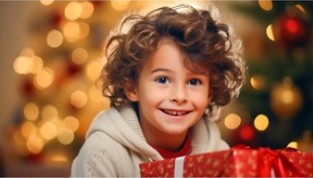 A smiling child holds a gift, representing the joy and future every child deserves.