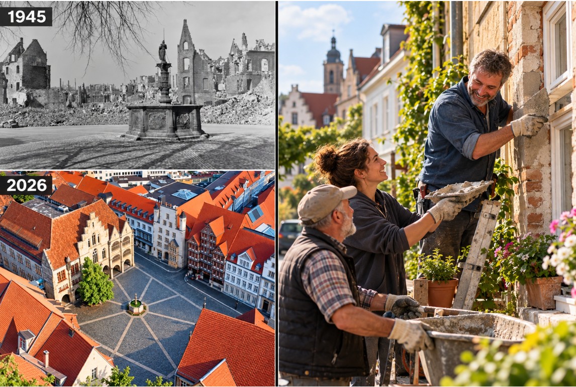 Composite image contrasting wartime destruction and rebuilding, alongside an illustrative scene of neighbors restoring a home.