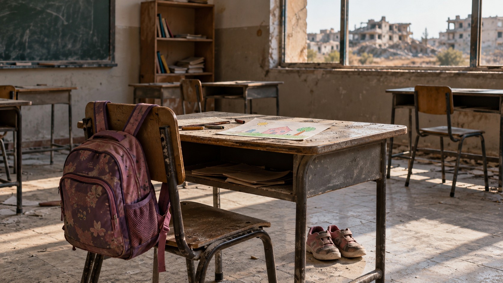 A child's backpack and shoes in an empty, damaged classroom, representing the cost of war for children.