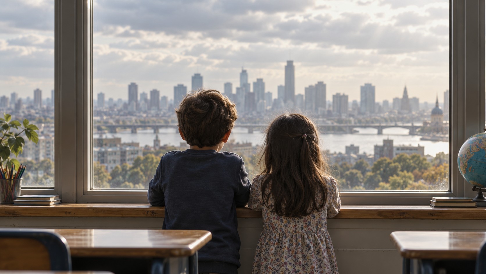 Two children look through a classroom window toward a quiet city skyline.