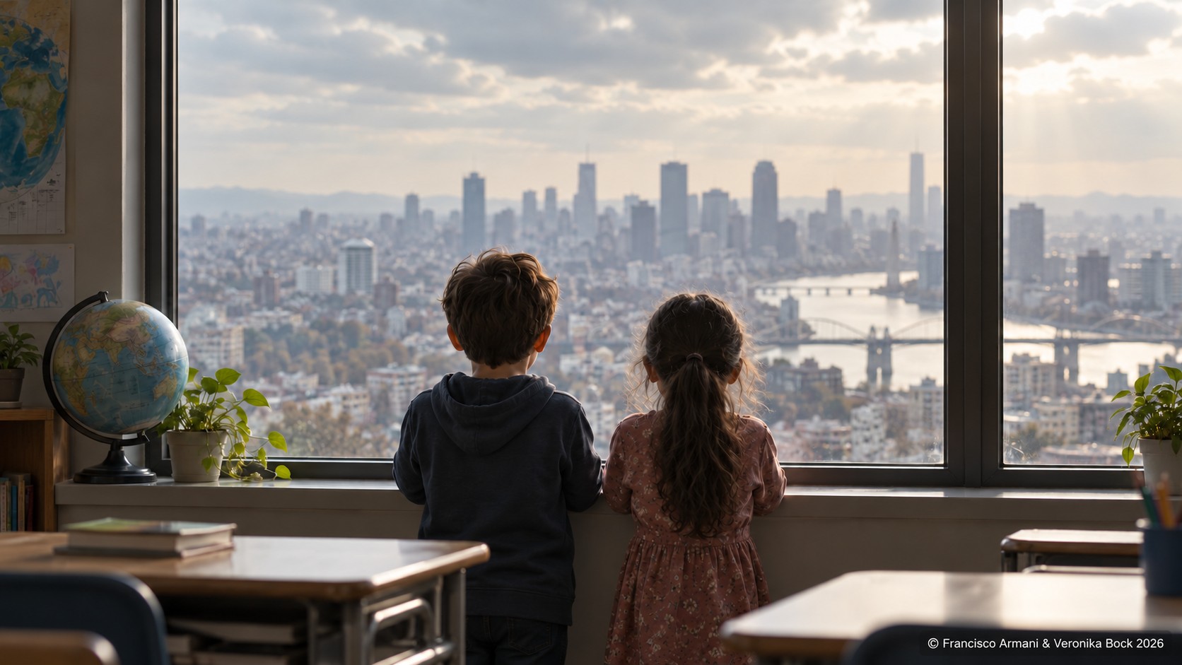 Two children look toward a peaceful future.