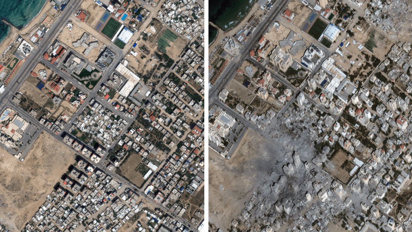 Satellite image comparison illustrating damage in Gaza, from Al Jazeera's October 2023 report