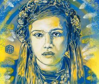 Blue and yellow portrait artwork of a girl