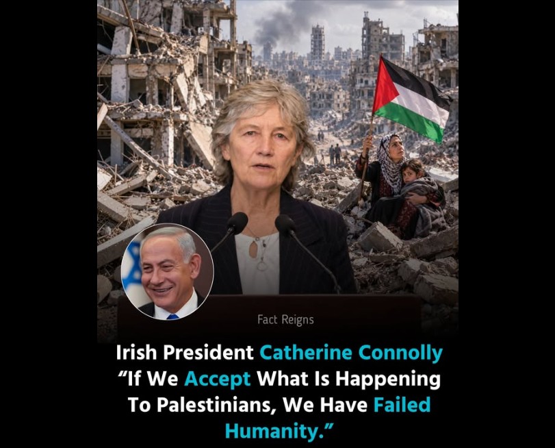Composite advocacy graphic featuring Catherine Connolly and a message about Palestinian suffering