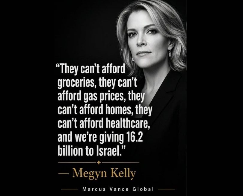 Graphic of Megyn Kelly with a quotation questioning U.S. spending priorities and support for Israel