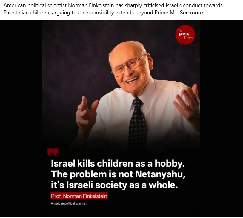 Social-media graphic attributing criticism of Israel's conduct in Gaza to Norman Finkelstein.