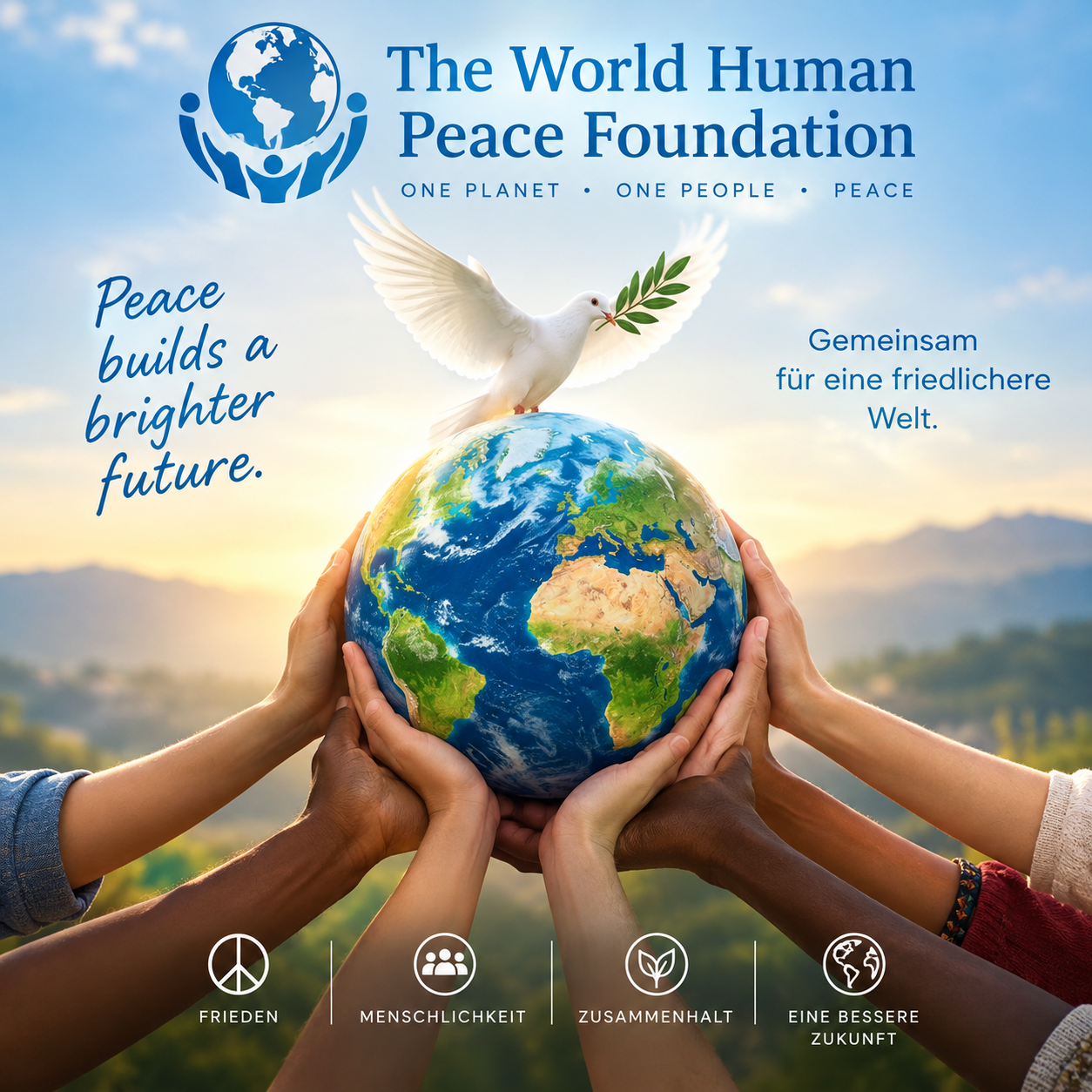 Peace artwork by Veronika Bock: a white dove with an olive branch above a globe held by many hands, with messages of peace in English and German
