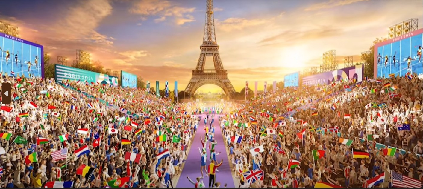 Artwork inspired by international unity: crowds waving flags beneath the Eiffel Tower at sunset