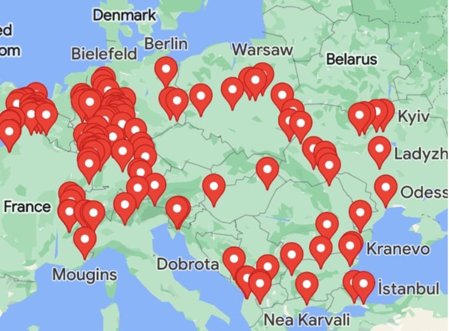 Locations visited across Europe, as recorded on the founders' map.