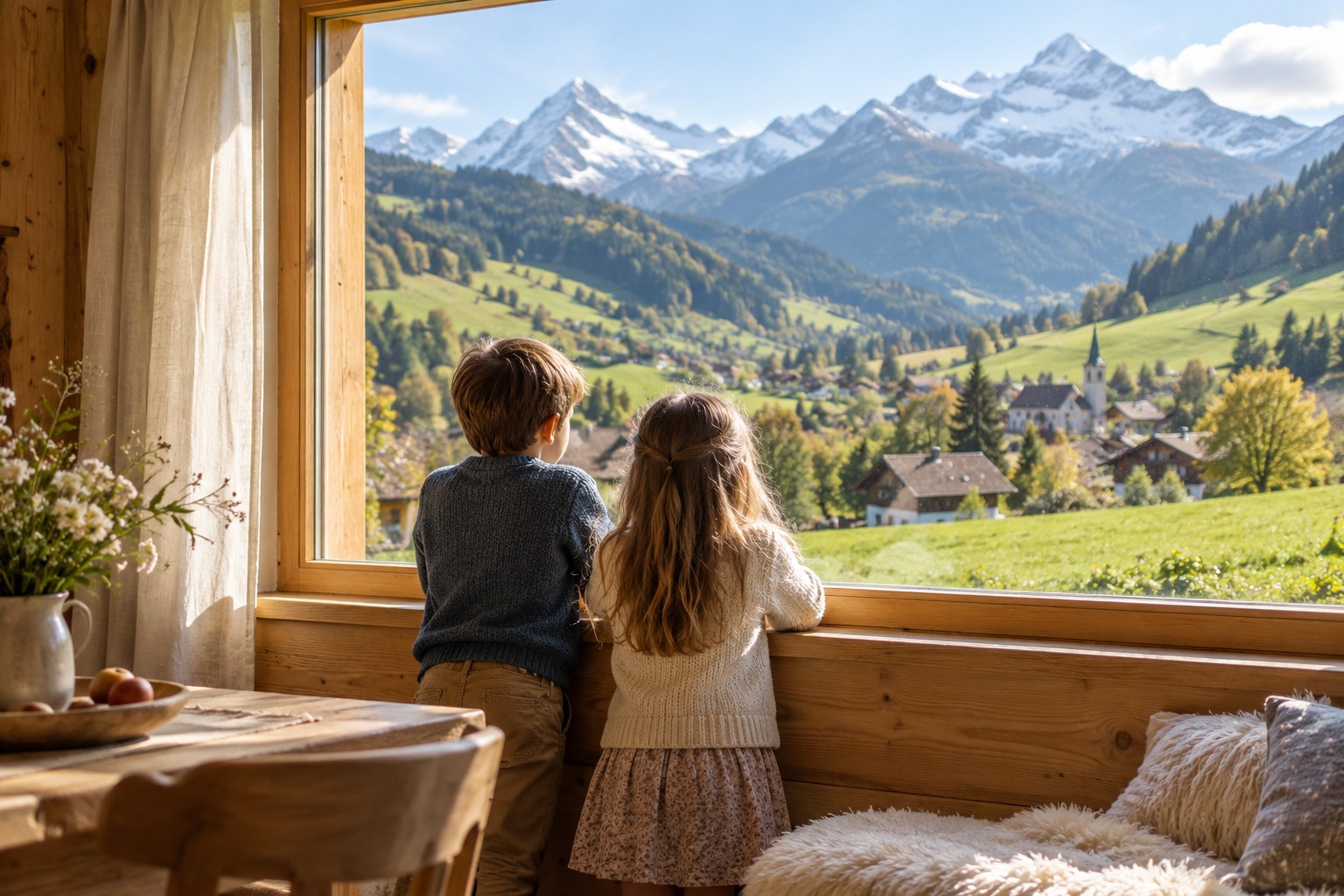 A boy and a girl stand together at a window, looking out at a peaceful Swiss Alpine village.