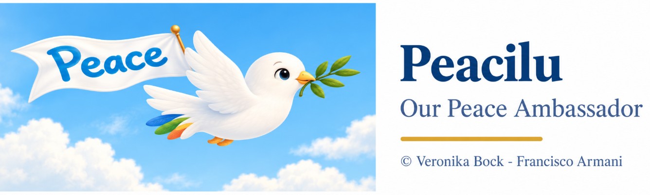 Peacilu, the foundation’s white dove Peace Ambassador, carrying an olive branch and the Peace banner.