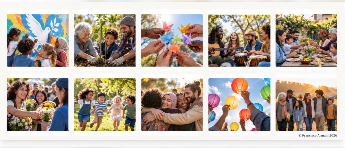 A joyful vision of peace: children playing, people sharing music and meals, and communities coming together. © Francisco Armani 2026.