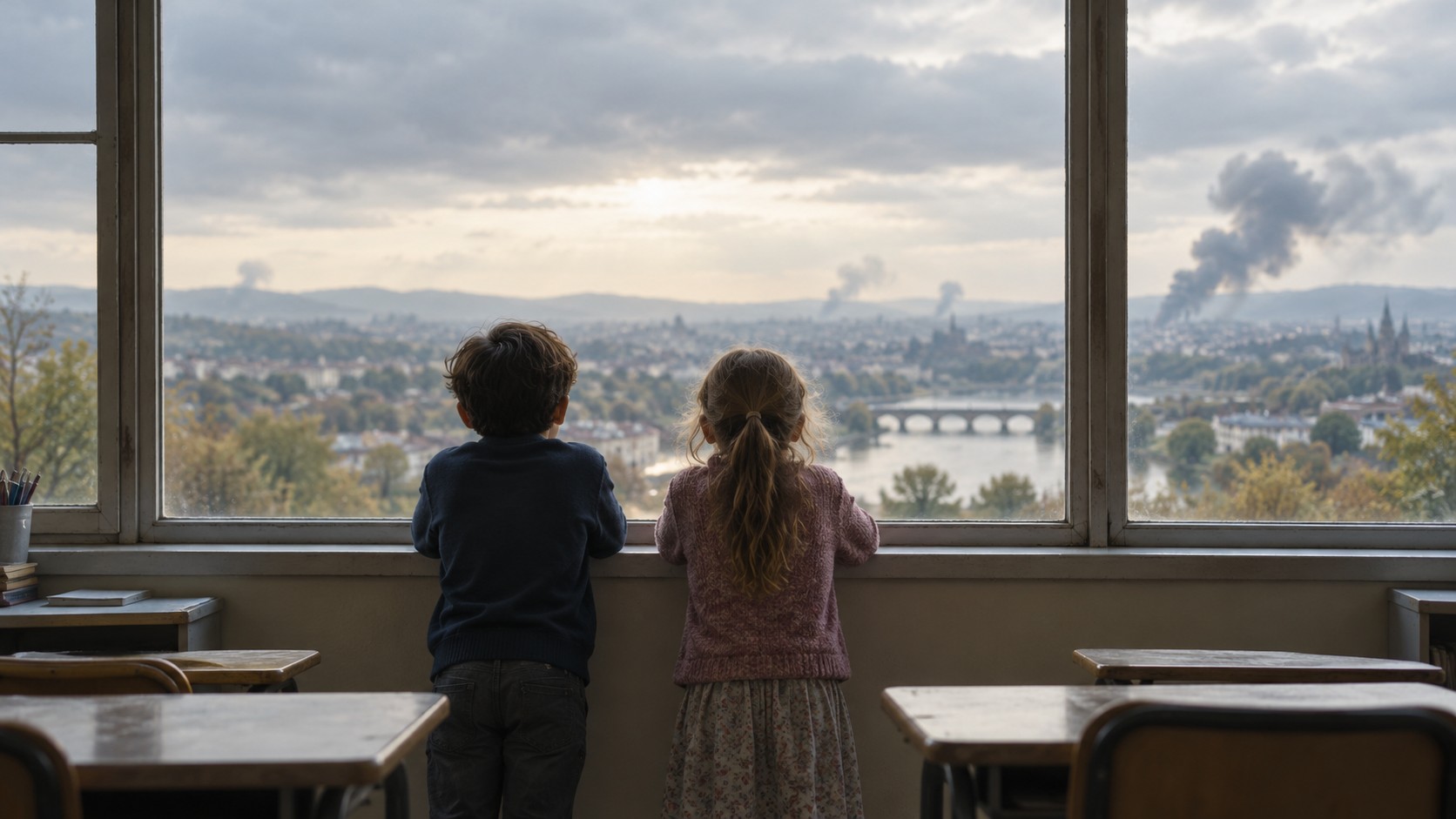 Two children look out a classroom window, thinking about the world adults are shaping.