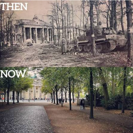 Berlin then and now: a wartime scene with a tank and damaged buildings above a peaceful tree-lined path