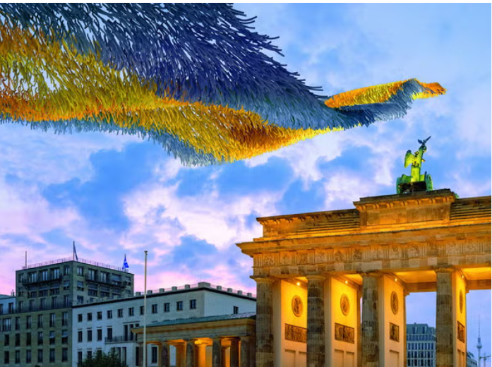 Blue-and-yellow artwork above the Brandenburg Gate in Berlin