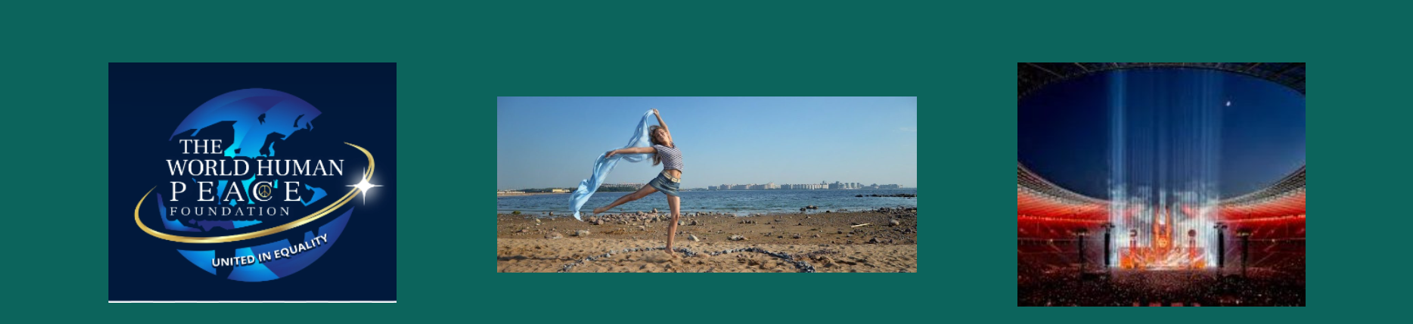 Foundation globe emblem, a dancer by the sea, and a concert stage