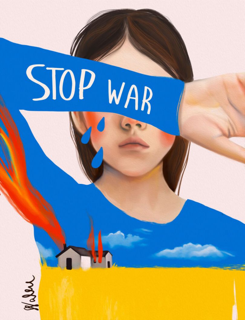 Stop War artwork showing a child and a burning home