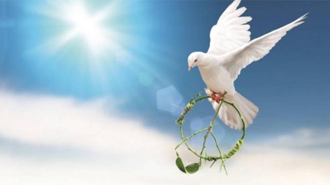 White dove carrying a peace symbol beneath a bright blue sky