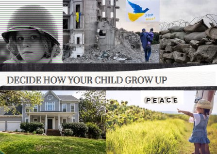 Campaign collage contrasting childhood in war and peace